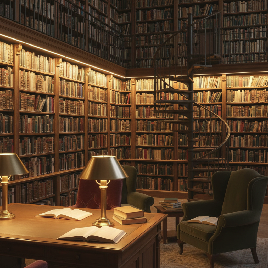 Ruhige Bibliotheksatmosphäre mit Büchern und warmem Licht, symbolisch für Wissen und institutionelles Erbe