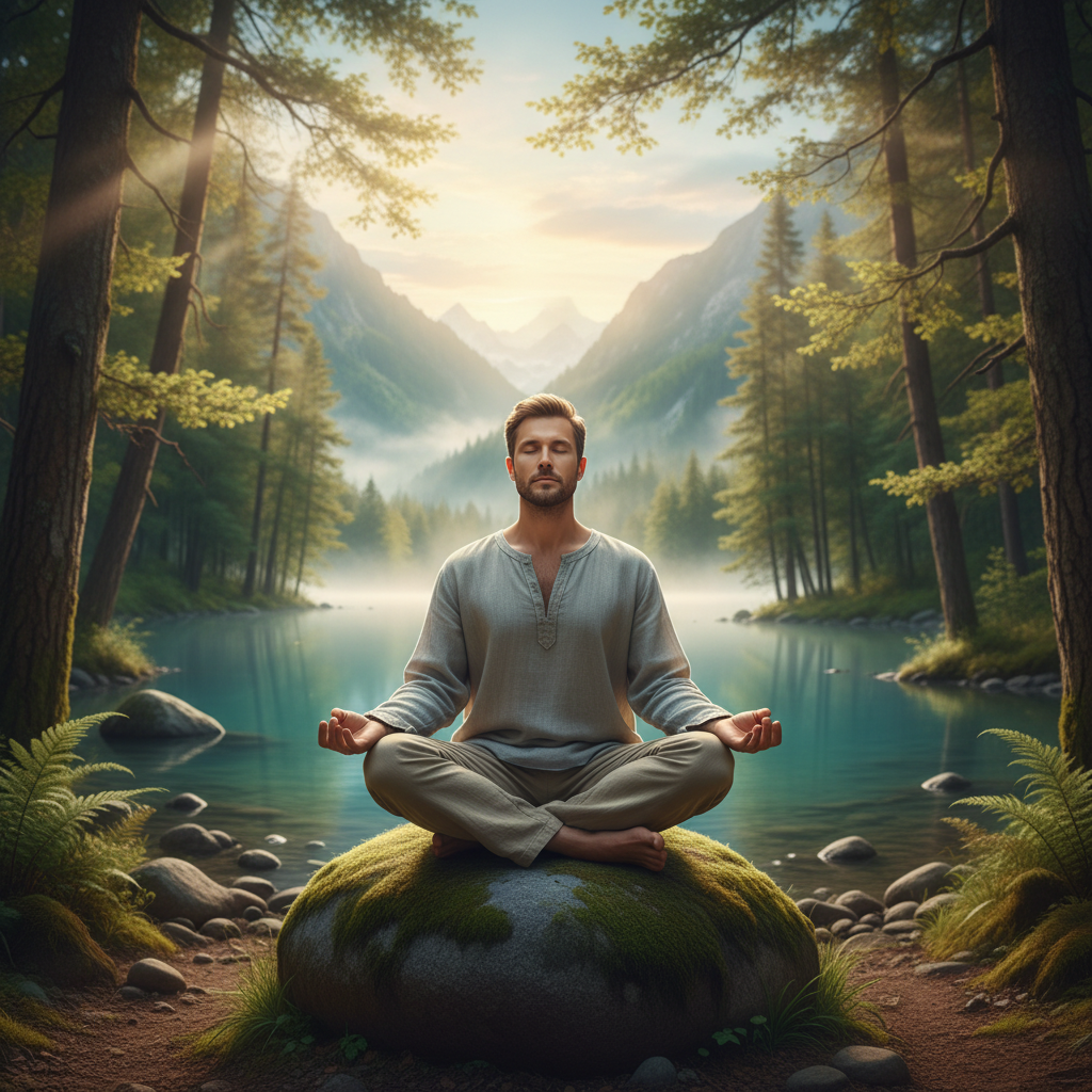 Mann beim Meditieren in ruhiger Natur, sitzend auf einem Stein mit geschlossenen Augen und entspannter Haltung