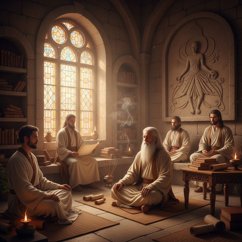 Historische Darstellung von Meditationspraktiken und Philosophie, ruhige Atmosphäre in warmem Licht