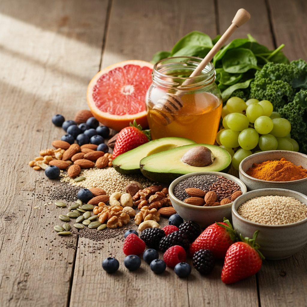 Detailaufnahme von natürlichen Lebensmitteln und Nährstoffquellen auf einer Holzoberfläche, atmosphärisches Licht