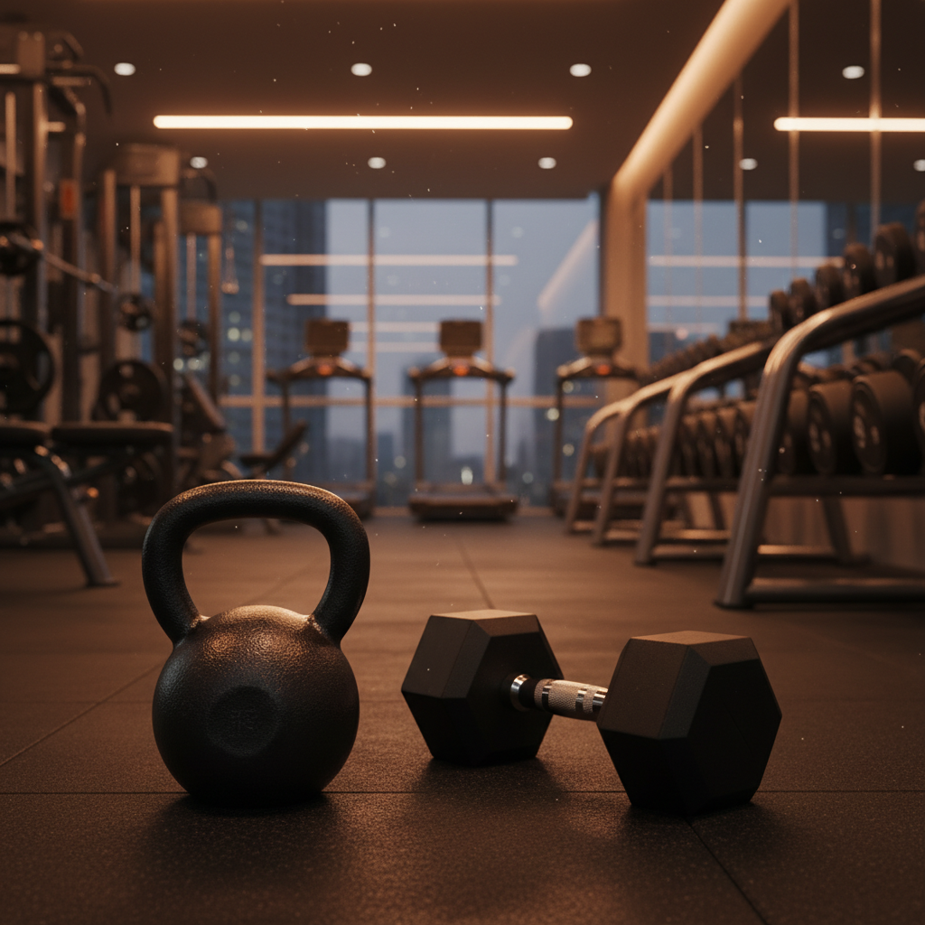 Sportgeräte in einem Fitnessstudio, Kettlebell und Hantel in atmosphärischer Beleuchtung ohne Personen im Vordergrund