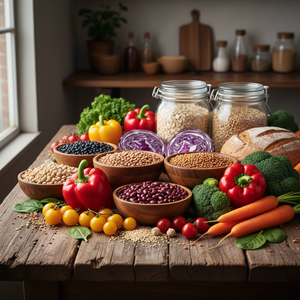 Frische, bunte Lebensmittel auf einem Holztisch: Gemüse, Hülsenfrüchte und Vollkornprodukte in ästhetischer Anordnung