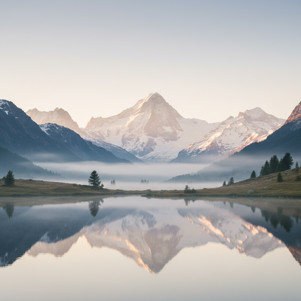 Ruhige Berglandschaft der Schweizer Alpen im frühen Morgenlicht, die Balance und Weite symbolisiert