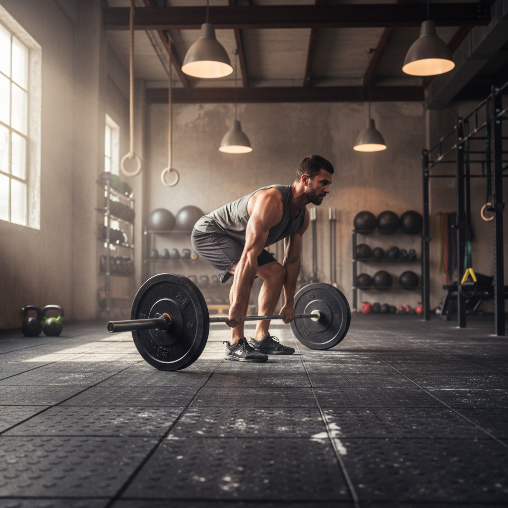 Mann beim funktionellen Training in einem Gym, Langhantel auf dem Boden, Fokus auf Textur und Atmosphäre des Raumes
